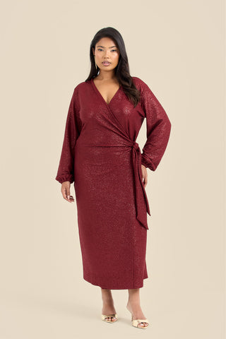 Plus Size Metallic Burgundy Wrap Front Midi Dress