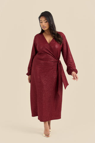 Plus Size Metallic Burgundy Wrap Front Midi Dress