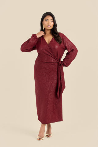 Plus Size Metallic Burgundy Wrap Front Midi Dress