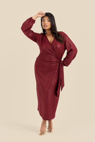 Plus Size Metallic Burgundy Wrap Front Midi Dress