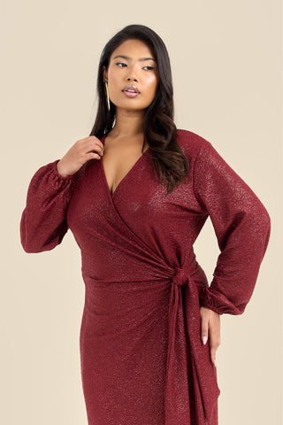 Plus Size Metallic Burgundy Wrap Front Midi Dress