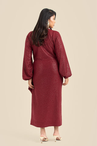 Plus Size Metallic Burgundy Wrap Front Midi Dress