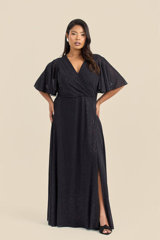 Plus Size Metallic Glitter Angel Sleeve Maxi Dress