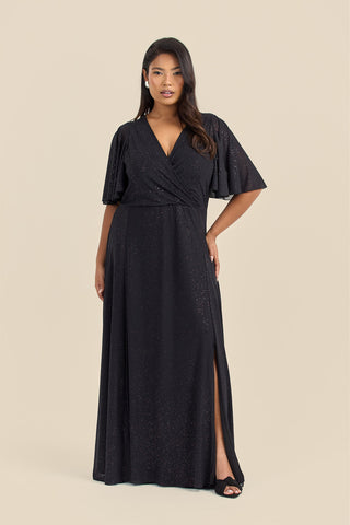 Plus Size Metallic Glitter Angel Sleeve Maxi Dress