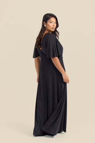 Plus Size Metallic Glitter Angel Sleeve Maxi Dress