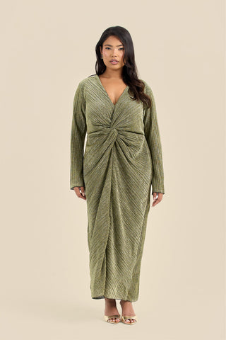 Curve Metallic Gold Pleated Twist Front Midi Dress