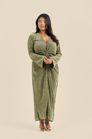 Curve Metallic Gold Pleated Twist Front Midi Dress