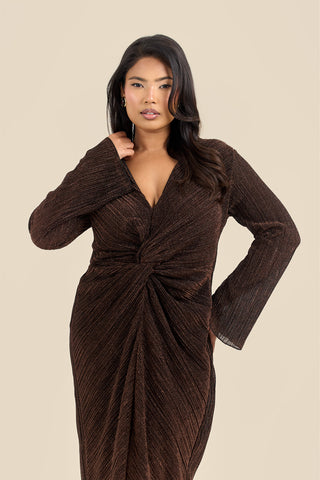 Curve Plisse Twist Front Flare Sleeve Midaxi Dress