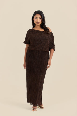 Curve Metallic Drop Shoulder Bronze Pleat Midi Dress