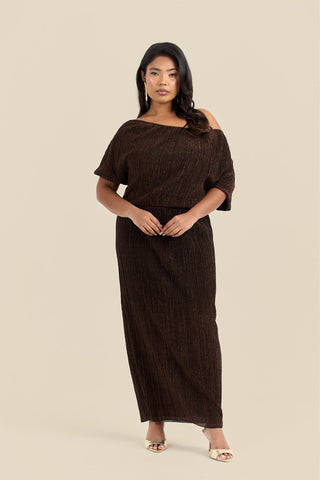 Curve Metallic Drop Shoulder Bronze Pleat Midi Dress