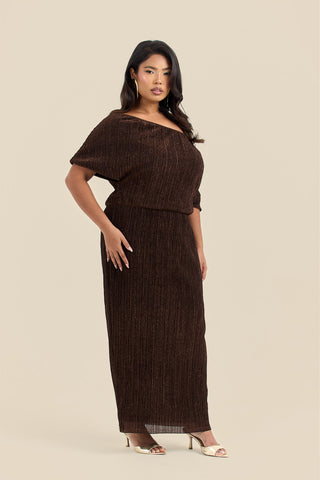 Curve Metallic Drop Shoulder Bronze Pleat Midi Dress