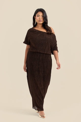 Curve Metallic Drop Shoulder Bronze Pleat Midi Dress
