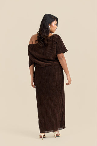 Curve Metallic Drop Shoulder Bronze Pleat Midi Dress