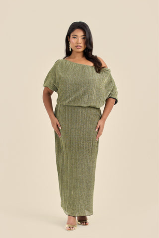 Curve Metallic Gold Drop Shoulder Pleated Midi Dress