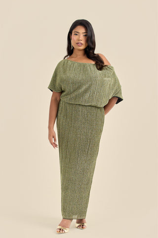 Curve Metallic Gold Drop Shoulder Pleated Midi Dress