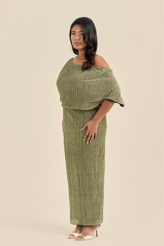 Curve Metallic Gold Drop Shoulder Pleated Midi Dress