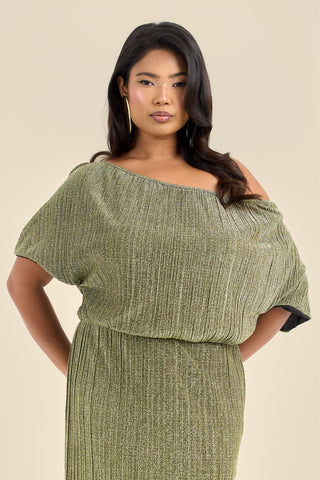 Curve Metallic Gold Drop Shoulder Pleated Midi Dress