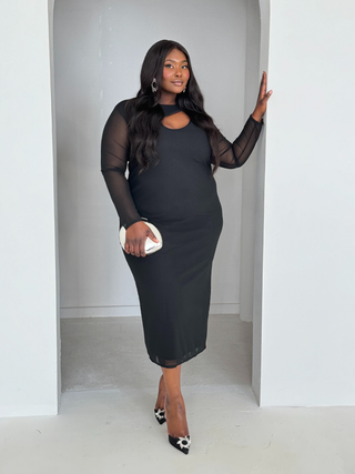 Curve Long sleeve mesh cut out detail black midaxi dress