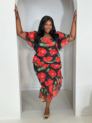 Curve Rose print flutter sleeve and ruffle mesh midi dress