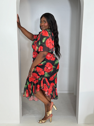 Curve Rose print flutter sleeve and ruffle mesh midi dress