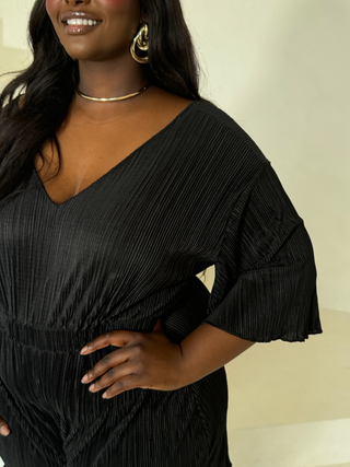 Curve Angel sleeve tie back plisse playsuit in black