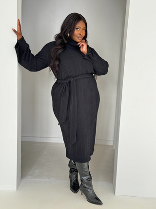 Curve chunky knit roll neck belted black midaxi dress