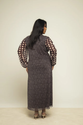 Curve Chocolate Polka Dot Balloon Sleeve Mesh Midi Dress