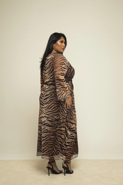 Curve Tiger printed balloon sleeve mesh midi dress main image 0