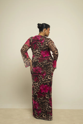 Curve cowl neck mesh dress in leopard and floral printed