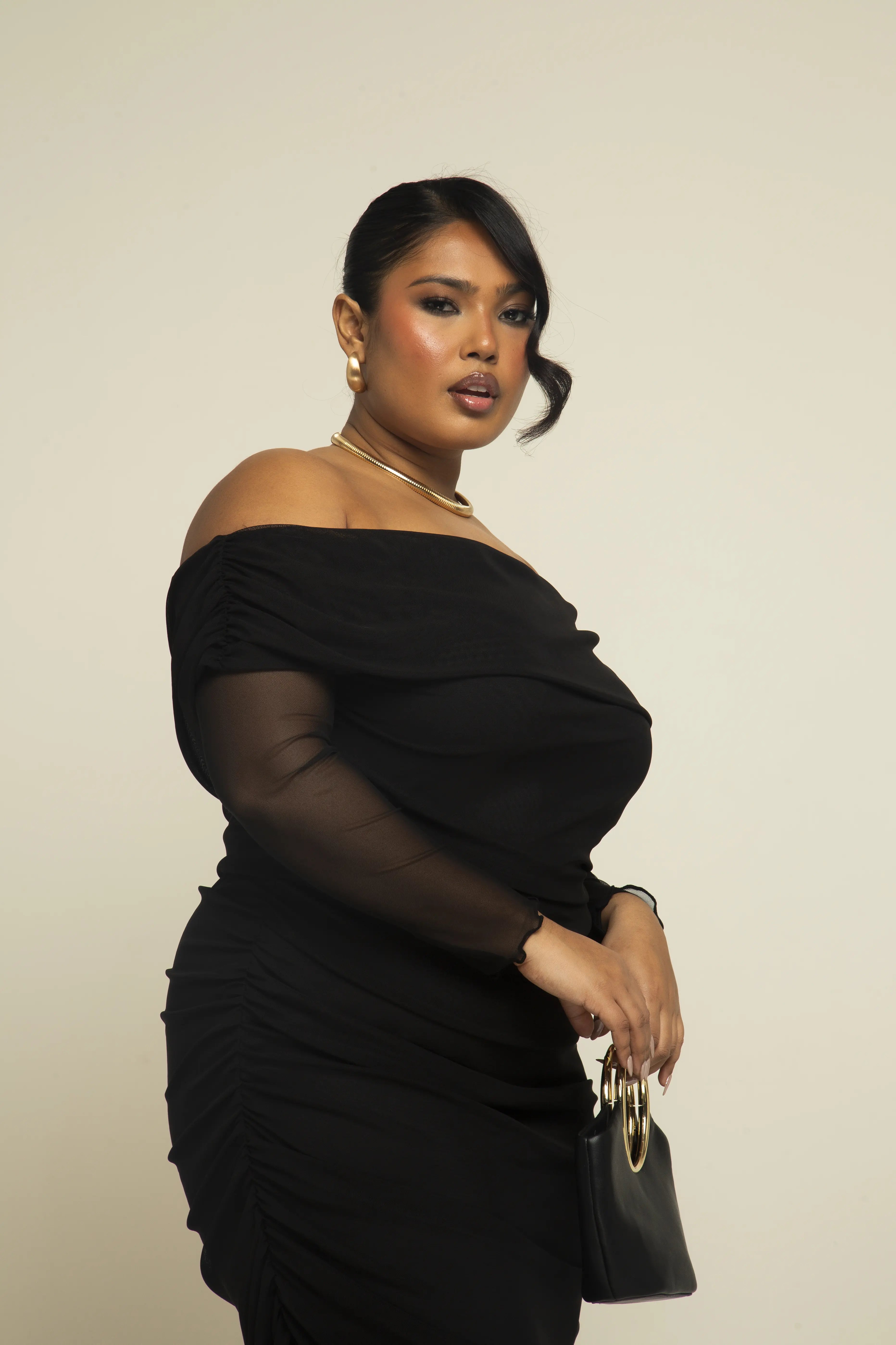 bardot slinky ruched bodycon midaxi dress Taupe PrettyLittleThing Double Layer Slinky Bardot One Shoulder Ruched Maxi Dress