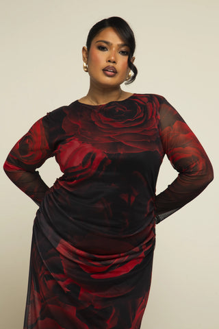 Curve rose print ruched midaxi dress