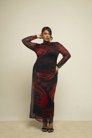 Curve rose print ruched midaxi dress
