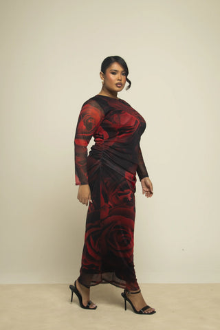 Curve rose print ruched midaxi dress