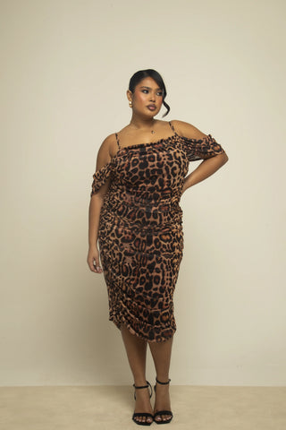 Curve Leopard Print Cold Shoulder Ruched Midi Dress