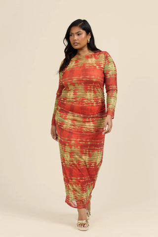 Curve Mesh long sleeve midi dress in tye dye print