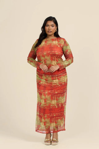 Curve Mesh long sleeve midi dress in tye dye print