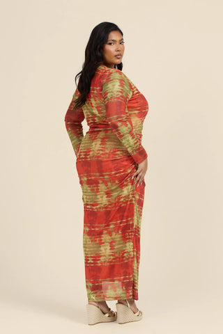 Curve Mesh long sleeve midi dress in tye dye print