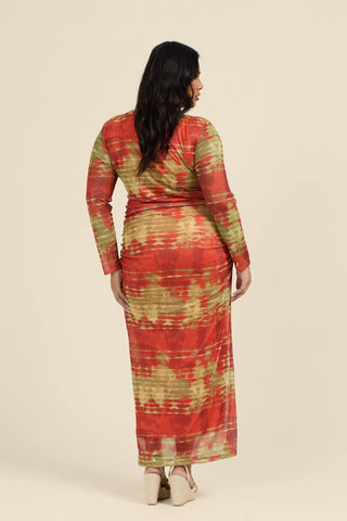 Curve Mesh long sleeve midi dress in tye dye print