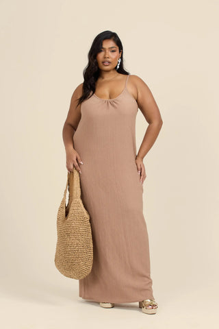 Curve Textured Crinkle Trapeze Style maxi dress in camel