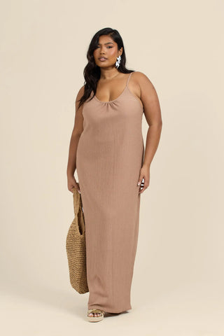 Curve Textured Crinkle Trapeze Style maxi dress in camel