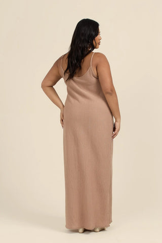 Curve Textured Crinkle Trapeze Style maxi dress in camel