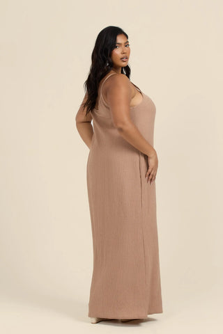 Curve Textured Crinkle Trapeze Style maxi dress in camel