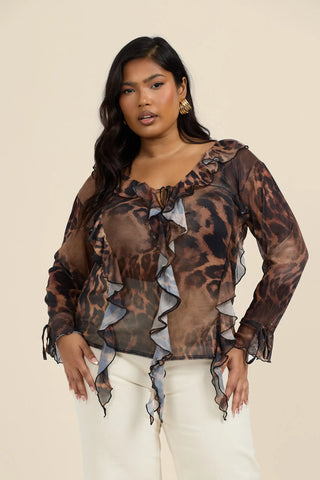 Curve Mesh all over ruffle blouse in leopard