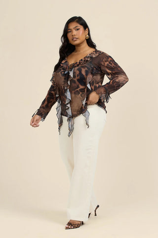Curve Mesh all over ruffle blouse in leopard
