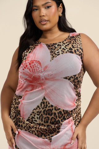 Sleeveless mesh dress in leopard lily print