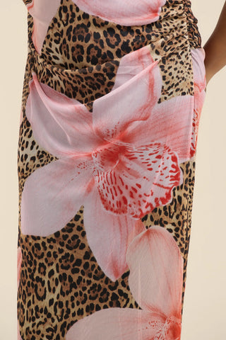 Sleeveless mesh dress in leopard lily print