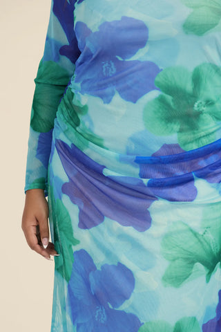 Curve Mesh Long Sleeved Midaxi Dress in Blue Floral Print