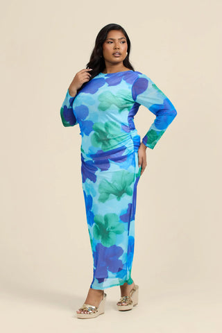 Curve Mesh Long Sleeved Midaxi Dress in Blue Floral Print