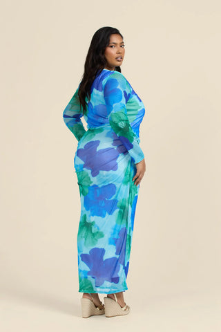 Curve Mesh Long Sleeved Midaxi Dress in Blue Floral Print