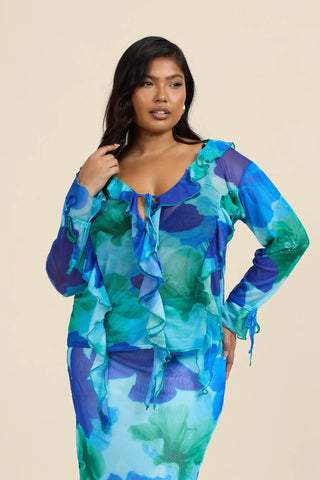 Curve Mesh Ruffle Blouse in Blue Floral Print